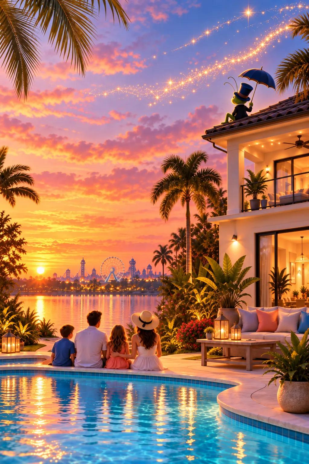 A family relaxing by the pool at sunset at an Orlando vacation home