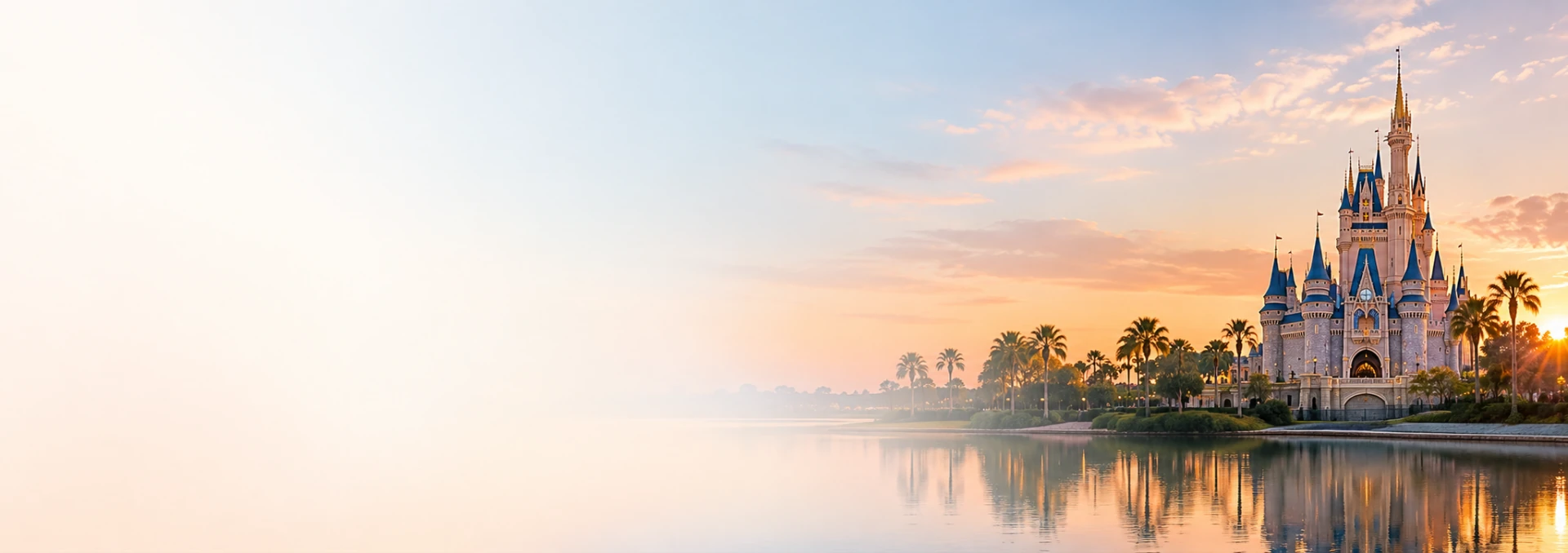 Sunset over a lake near Orlando's theme parks, with a fairytale castle and palm trees